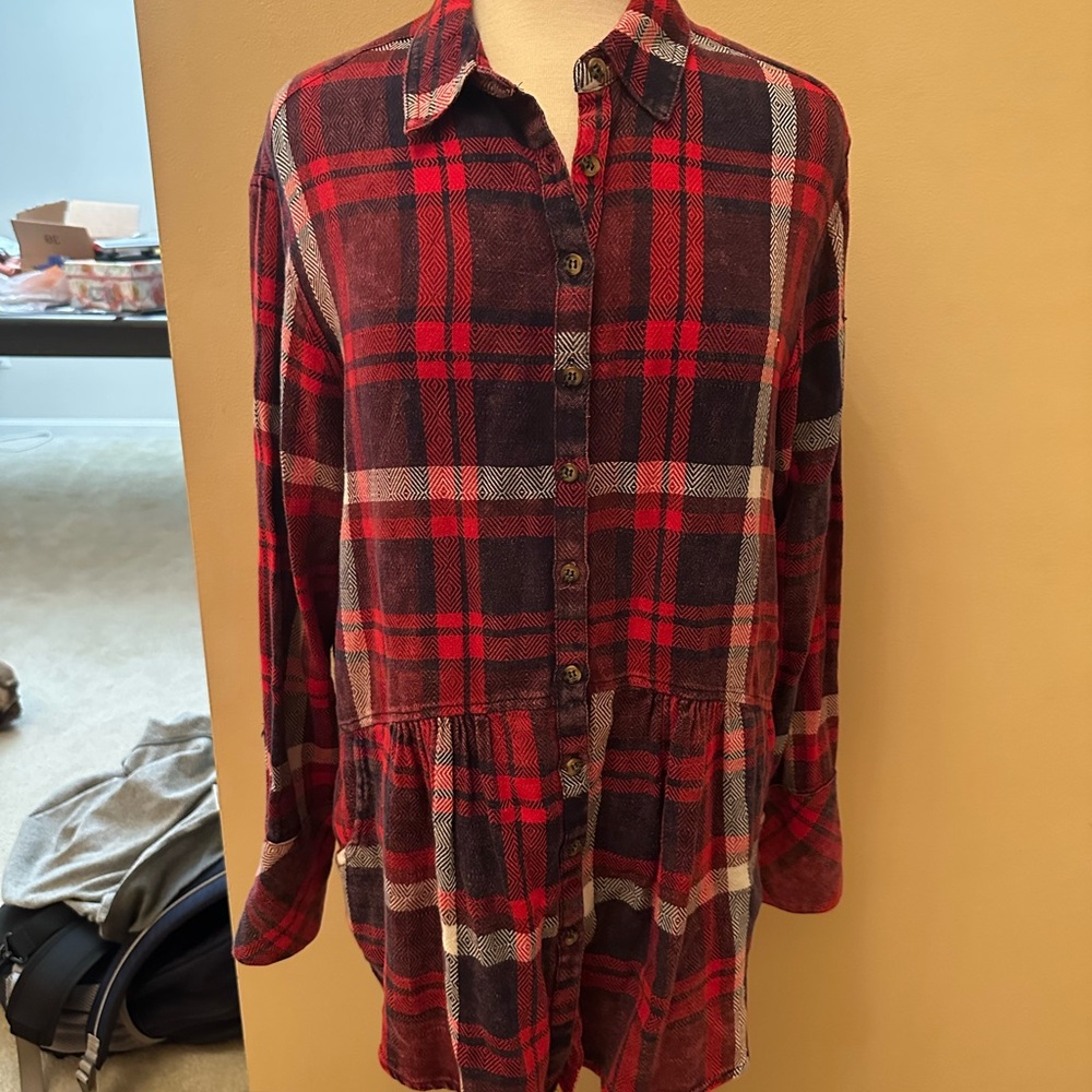 Free People Easy Street plaid flannel tunic top Hard to Find!!